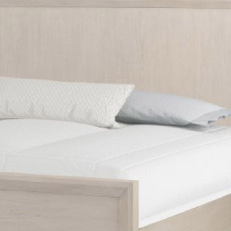 Kaira Queen Size Bed with Metal Accents, Natural Oak Solid Rubberwood - Benzara