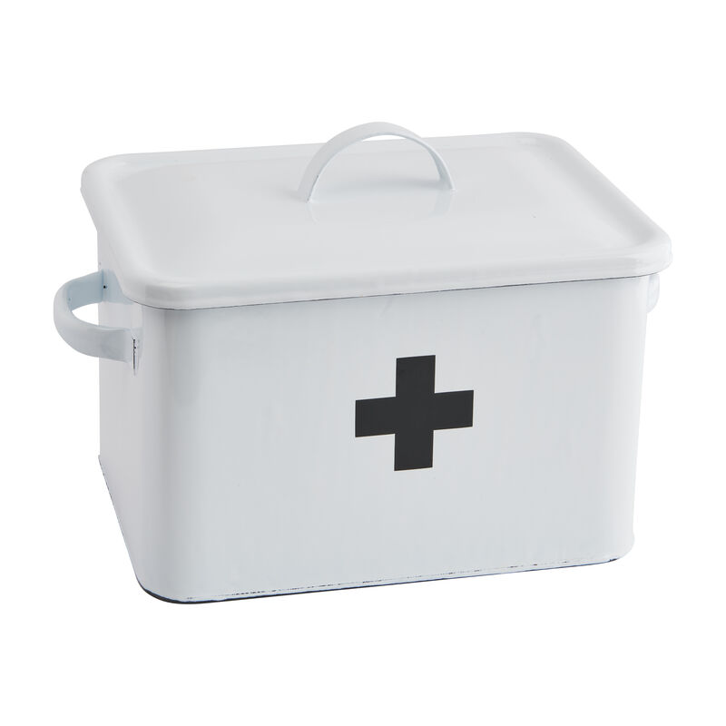 Enameled Metal First Aid Box with Lid and Swiss Cross, White and Black image number 0