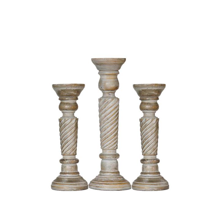 Traditional Gray Wash Eco-friendly Handmade Mango Wood Set Of Three 12",15" & 12" Pillar Candle Holder BBH Homes