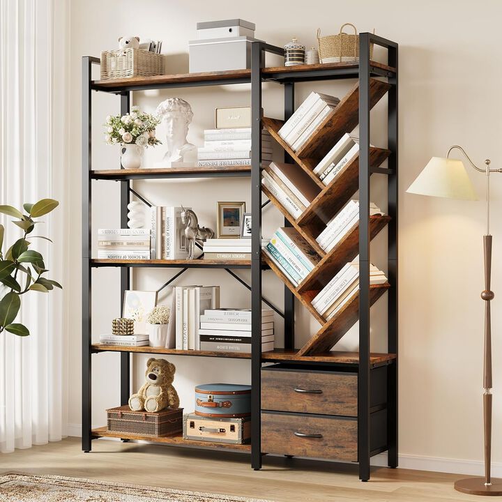Bookshelf, 5 Tier Bookshelves with Tree Display Shelves, 65&rdquo; Tall Floor Standing Bookcase with 2 Drawers and 6 Adjustable Feet for Home, Office
