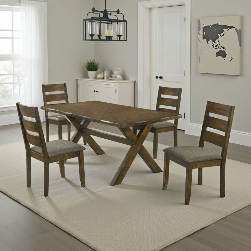 Siny 5pc Dining Table Set, Nutmeg Brown Finish, 4 Padded Side Chairs - Benzara