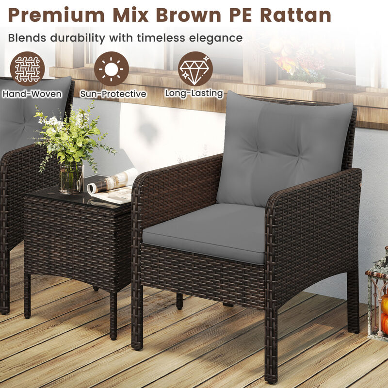 3-Piece Patio Wicker Furniture Set with Cushions for Balcony and Porch image number 6