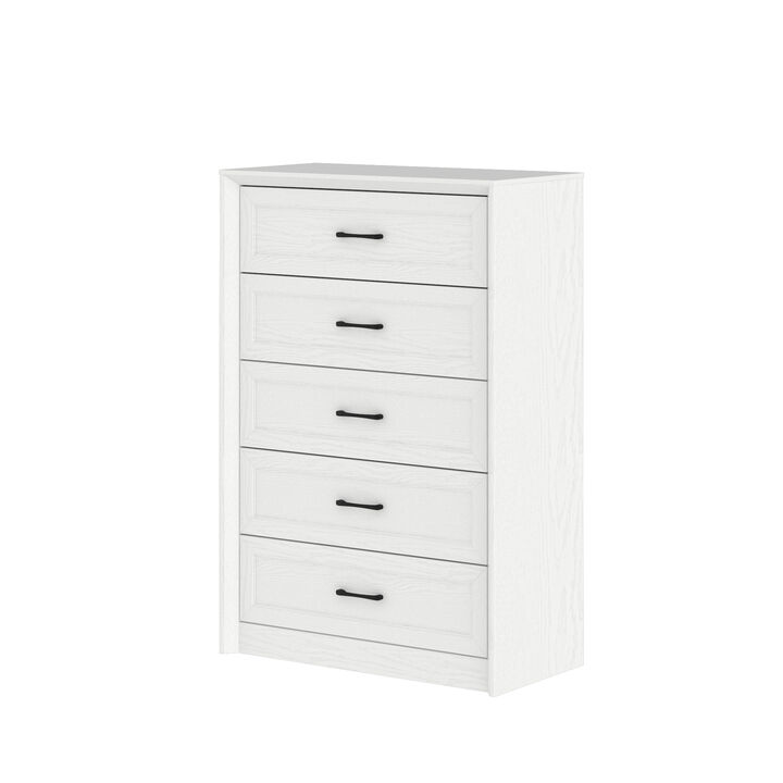 FUFU&GAGA 5-Drawer Storage Cabinet, White Wood Grain PB Board with Black Horizontal Handles, Modern Dresser for Bedroom & Living Room (31.5 in. W x 15.7 in. D x 46.5 in. H)