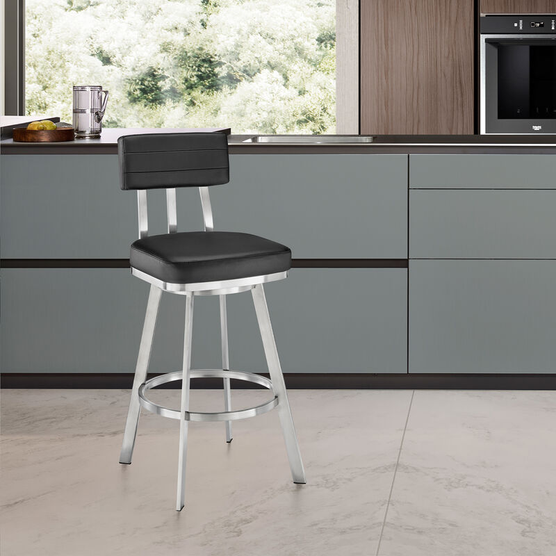 Jinab Swivel Stool in Brushed Stainless Steel with Black Faux Leather