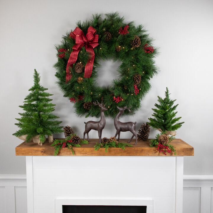 Pre-Lit White Valley Pine Artificial Christmas Wreath with Pinecones  36-Inch  Clear Lights