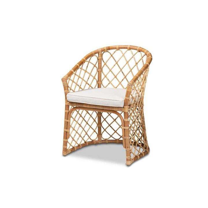 Baxton Studio White Fabric Upholstered and Natural Brown Rattan Dining Chair