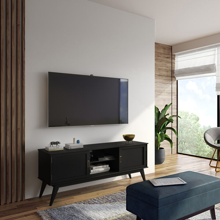 Draper SOLID HARDWOOD 60 inch Wide Mid Century Modern TV Media Stand in Black For TVs up to 65 inches