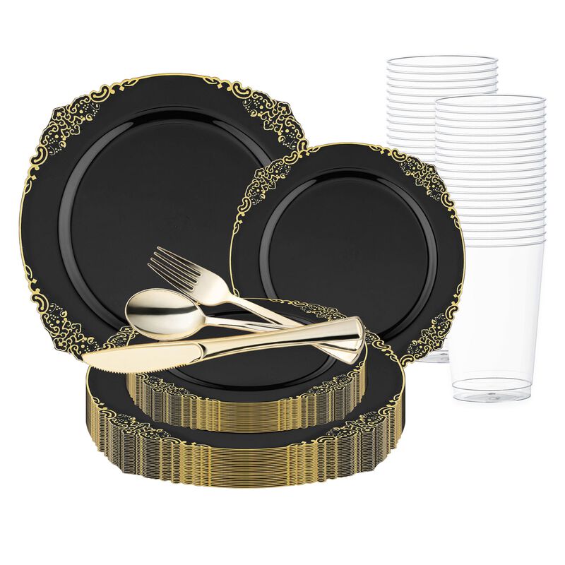 Black with Gold Fancy Round Plastic Wedding Value Set (30 Sets) image number 0