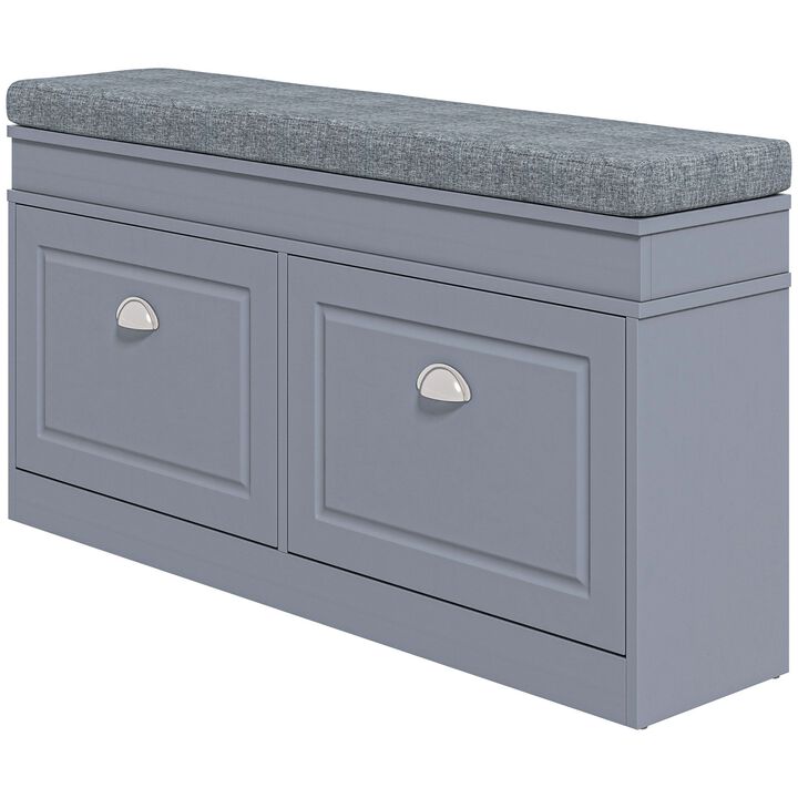 Modern Shoe Storage Bench, Entry Way Bench with Cushion, 2 Drawers, Storage Ottoman Bench, Holds 8 Pairs, Gray