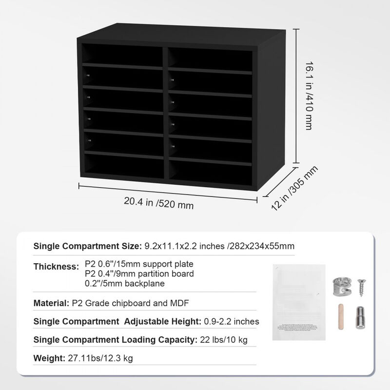 Desktop Literature Organizer with 12 Storage Slots, Wood Mail Sorter for Home Office Supplies-Black image number 2