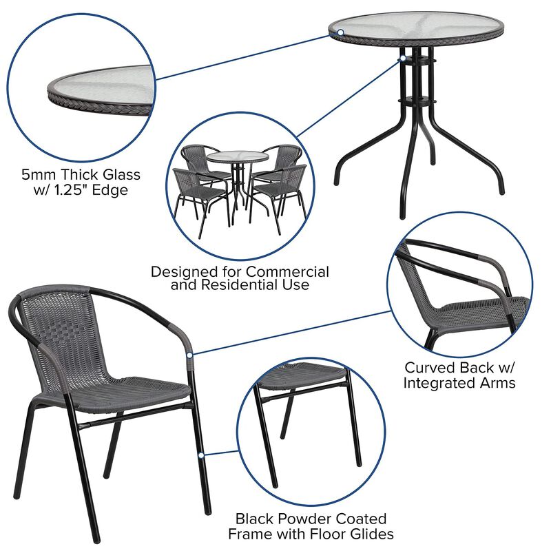 Flash Furniture Lila 28'' Round Glass Metal Table with Gray Rattan Edging and 4 Gray Rattan Stack Chairs