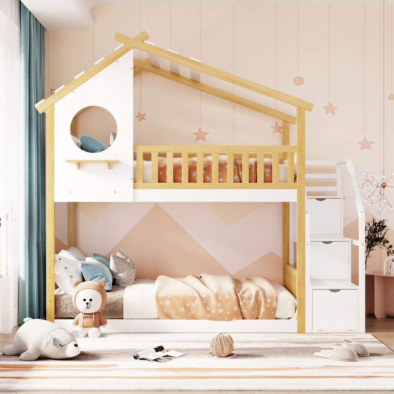 Stairway Twin-Over-Twin Bunk Bed,House Bed,Storage and Guard Rail,Natural Bed +White Stair（OLD SKU :LT000308AAK）
