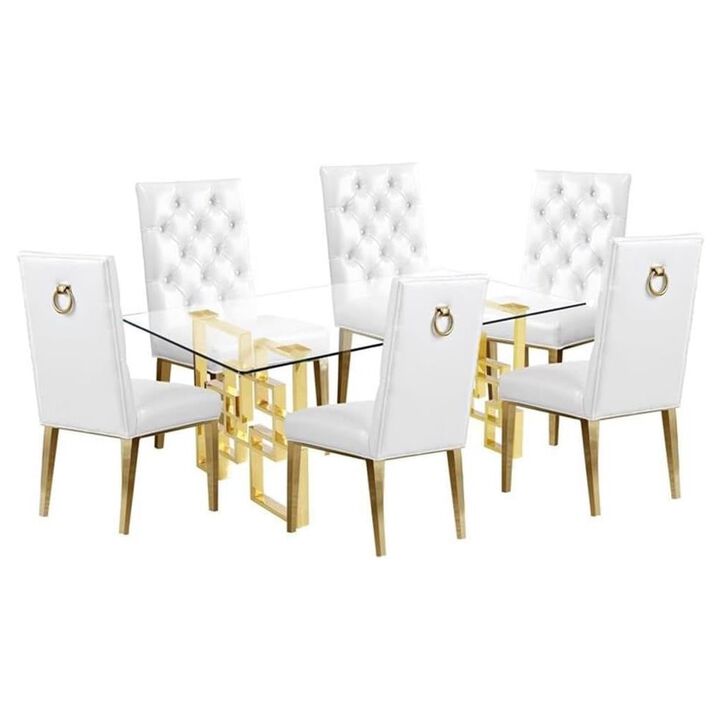 Gold Tempered Glass 7 Piece Dining Set Ring Chairs in White Faux Leather