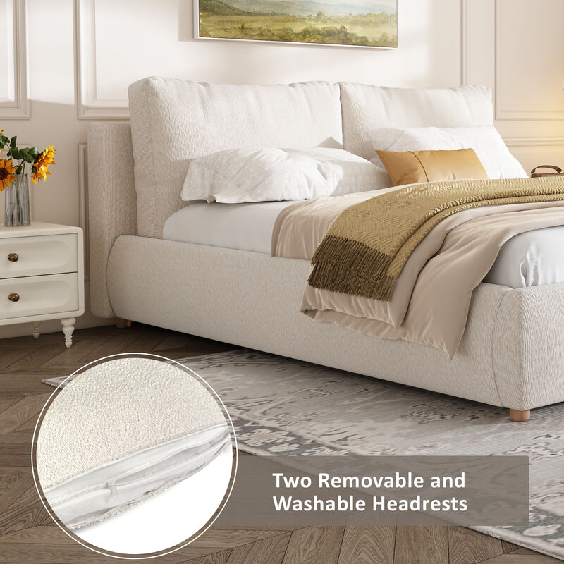 Merax Upholstered Platform Bed with Boucle Fabric & Removable Headboard Pillows