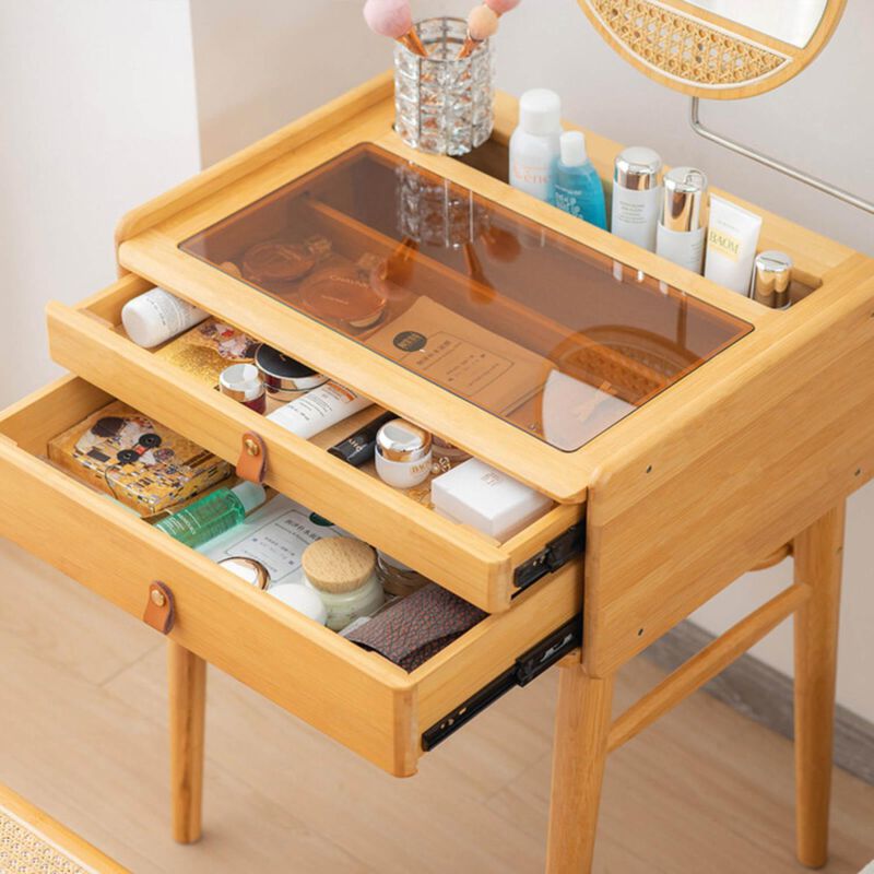 Hivvago Bamboo Makeup Vanity Table with Stool and Rotating Mirror
