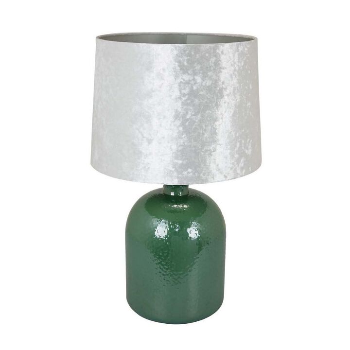 27 Inch Table Lamp, Drum Shade, Round Drop Shaped Glass Body, Green Finish - Benzara