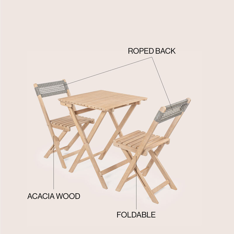 Sitges Modern Mid-Century 3-Piece Roped Acacia Wood Outdoor Folding Bistro Set, Gray/Light Teak