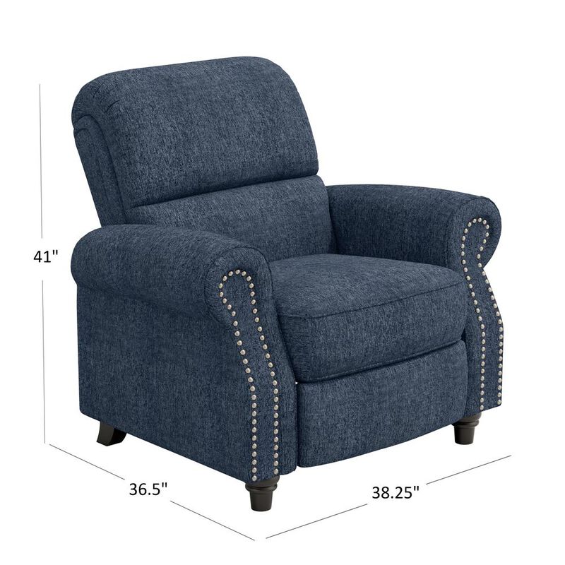 ProLounger Bustle-Back Pushback Recliner with Nailheads in Blue Chenille