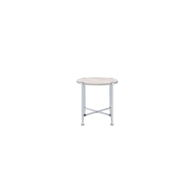 Homezia 24" Chrome And White Oak Manufactured Wood And Metal Round End Table