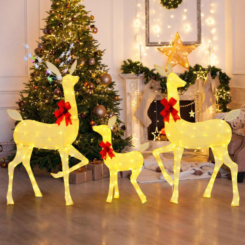 Hivvago 3 Pieces Lighted Family Deer Set with LED Lights and RGB Flashing Lights