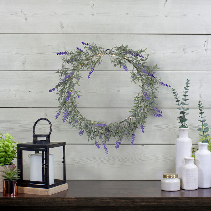 Pre-Lit Battery Operated Purple Lavender Spring Wreath- 16" - White LED Lights