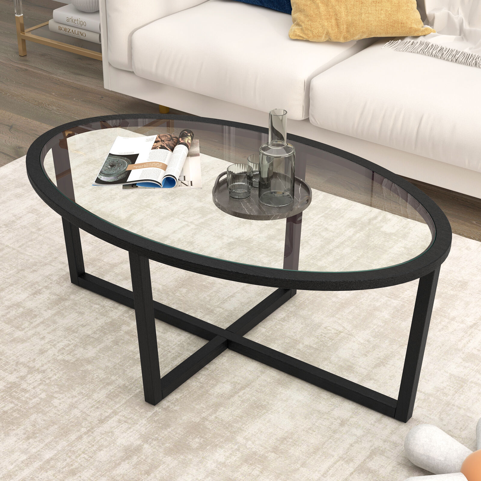 Oval Glass Coffee Table with Cross Base and Acacia Wood Legs for
