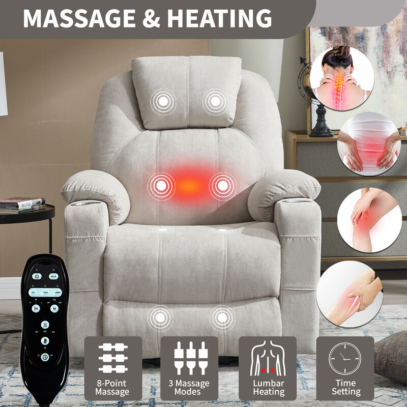 Chenille Power Lift Recliner Chair, Heavy Duty Motion Mechanism with Massage and Lumbar Heating, USB and Type-C Ports
