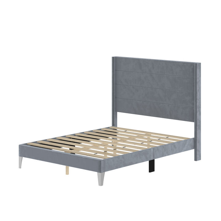 FUFU&GAGA Gray Upholstered Platform Bed with Padded Headboard, Reinforced Slat Support & Elevated Legs, Queen Size Bed Frame (83.5 in. L x 63.8 in. W x 55.3 in. H)