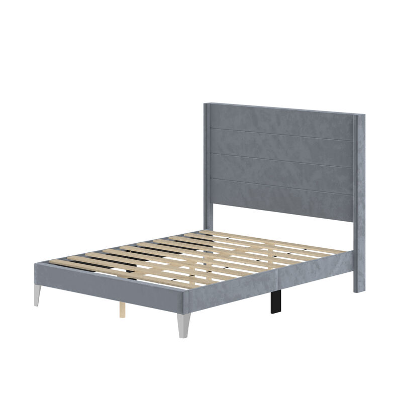FUFU&GAGA Gray Upholstered Platform Bed with Padded Headboard, Reinforced Slat Support & Elevated Legs, Queen Size Bed Frame (83.5 in. L x 63.8 in. W x 55.3 in. H)
