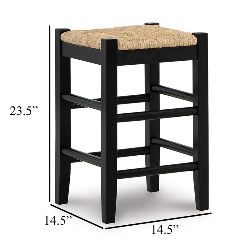 Anya Counter Height Stool Set of 2, Brown Woven Seat, 23 Inch, Black - Benzara