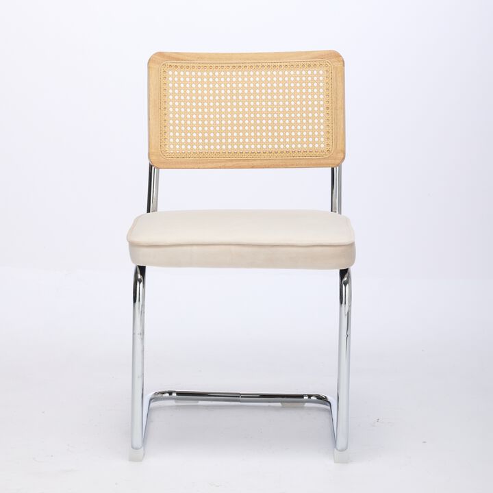 GOODSILO Mid-Century Modern Cantilever Dining Chairs with Velvet Upholstery and Hand-Woven Rattan Backs for Contemporary Kitchen Seating