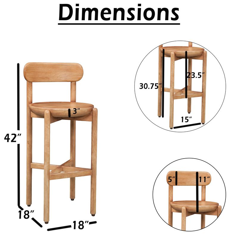 Maona Bar Stool Chair with Round Seat, Curved Open Back, Natural Brown Mango Wood image number 3