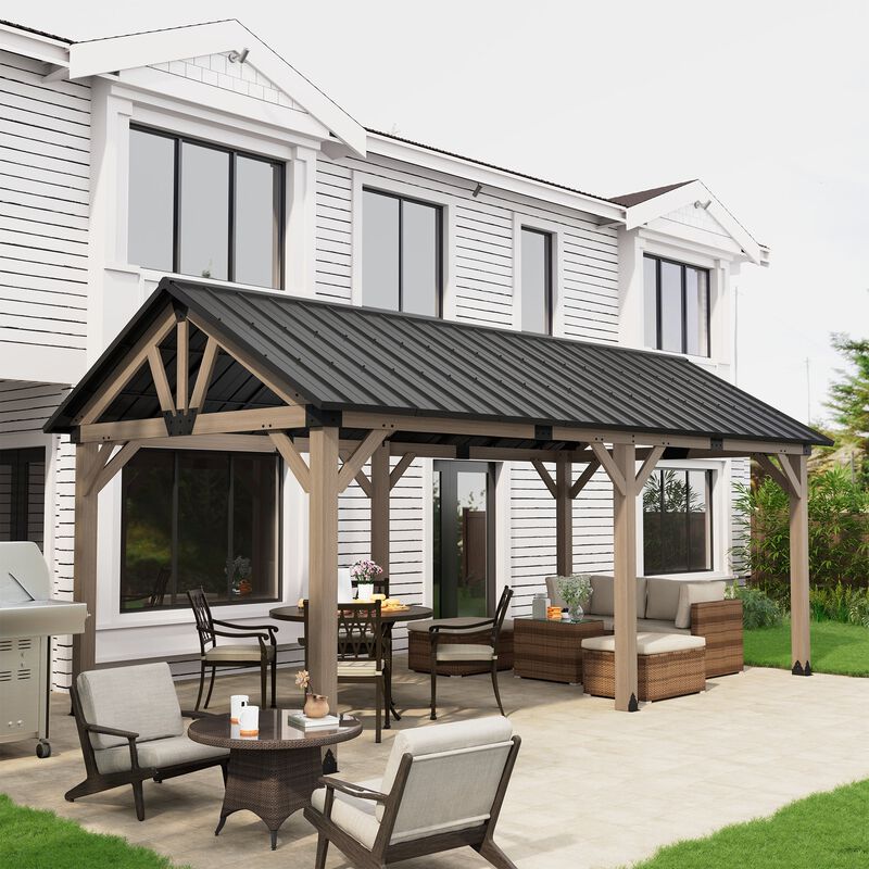 MONDAWE 12 x 20 ft. Wood Gazebo Cedar Framed Wooden Gazebo Patio Steel Hardtop Gazebo with Galvanized Steel Gable Hardtop Roof for Patio Lawn Backyard, Black Roof + Dark Wood Frame - Greenwich Serie