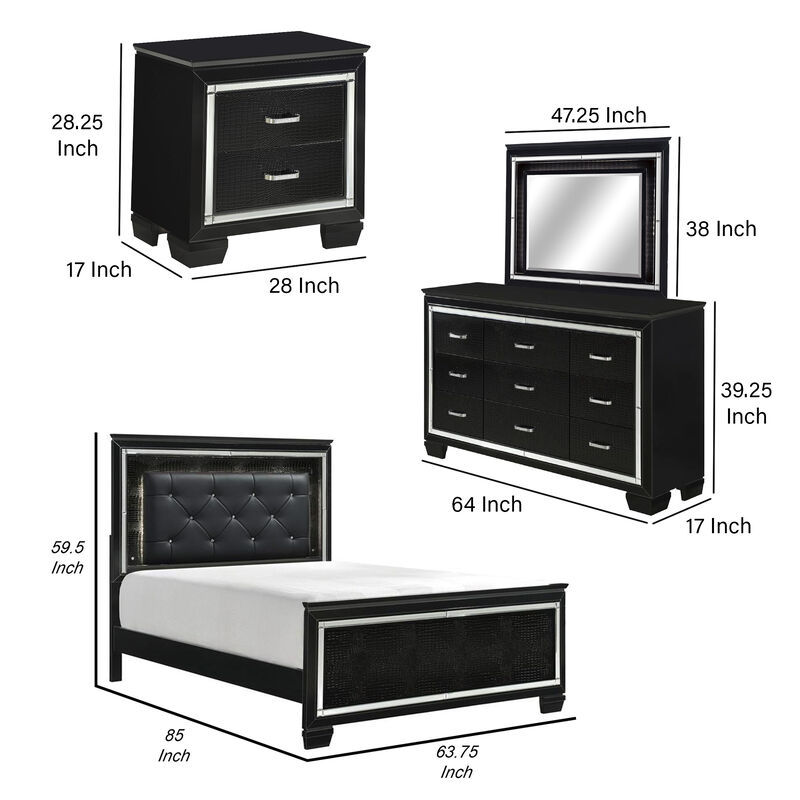 Alen 4 Pc Queen Size Bedroom Set, Button Tufting, Mirror Trim, Black - Benzara