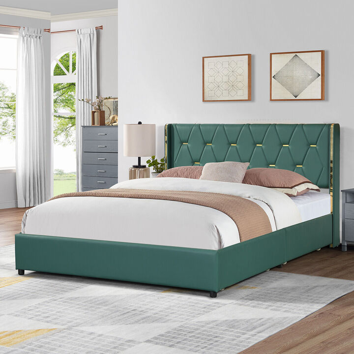 Full Size Upholstered Bed Frame with 4 Drawers-Green