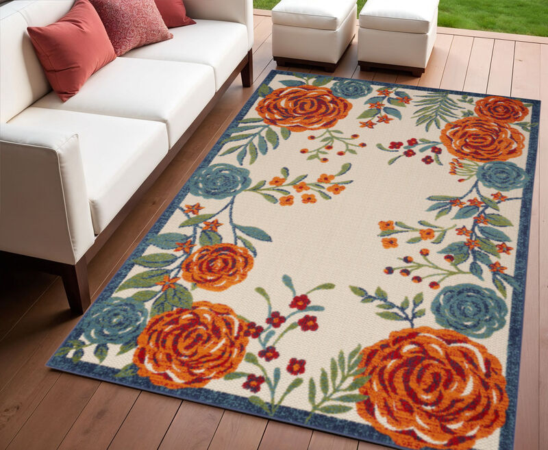 HomeRoots 4' X 6' Ivory Blue Orange And Green Floral Indoor Outdoor Area Rug image number 1