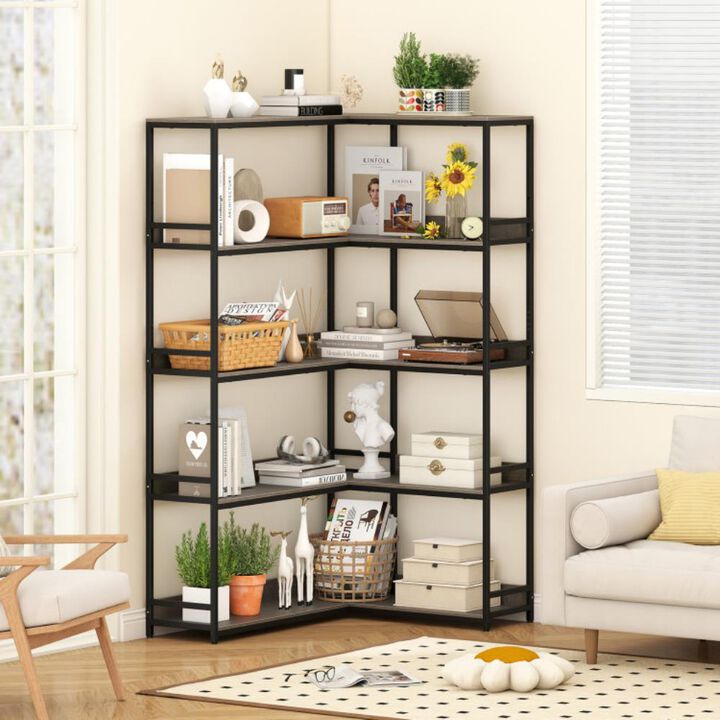 Hivvago Corner Bookshelf 5-Tier L-Shaped Bookcase Etagere Bookshelf with Metal Frame