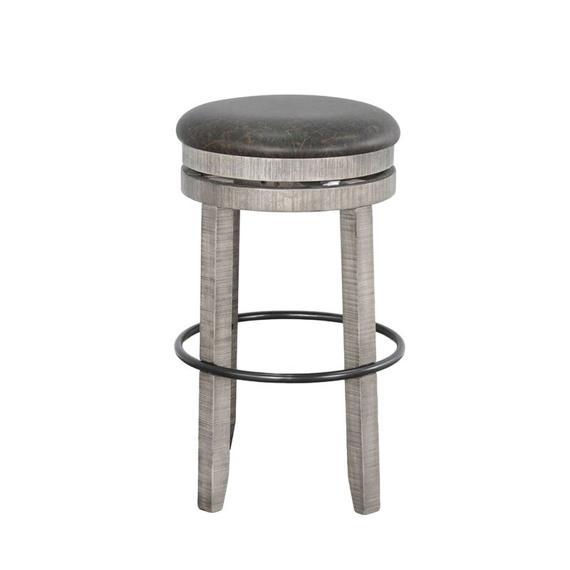 Zeka Swivel Barstool Set of 2, Gray Faux Leather and Mahogany Wood - Benzara