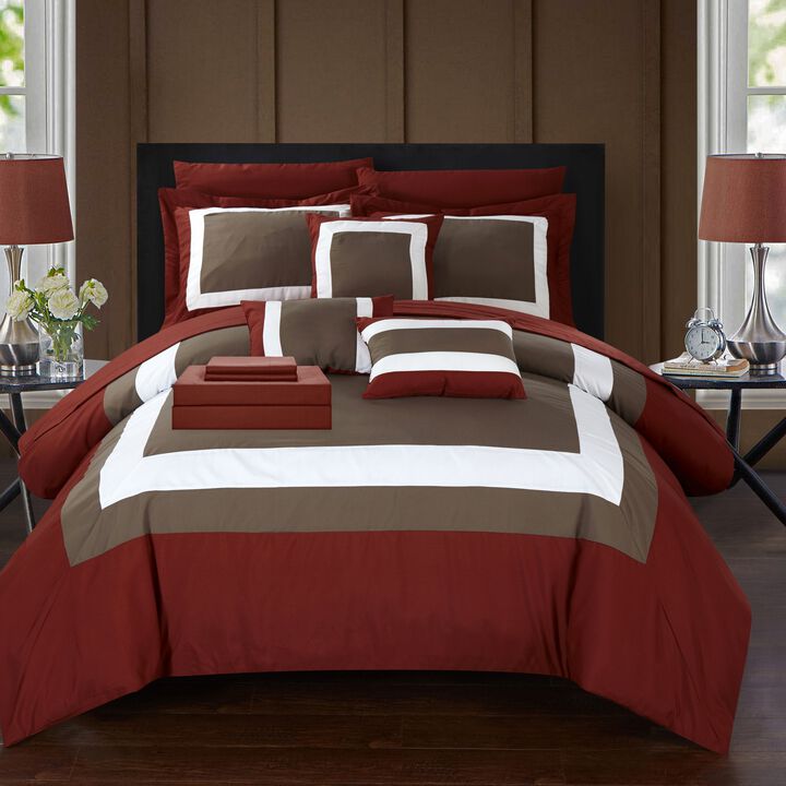 Chic Home Elegant Beaudine 10 Pieces Comforter Bed In A Bag Sheets Decorative Pillows & Shams - Queen 90x90, Brick Red