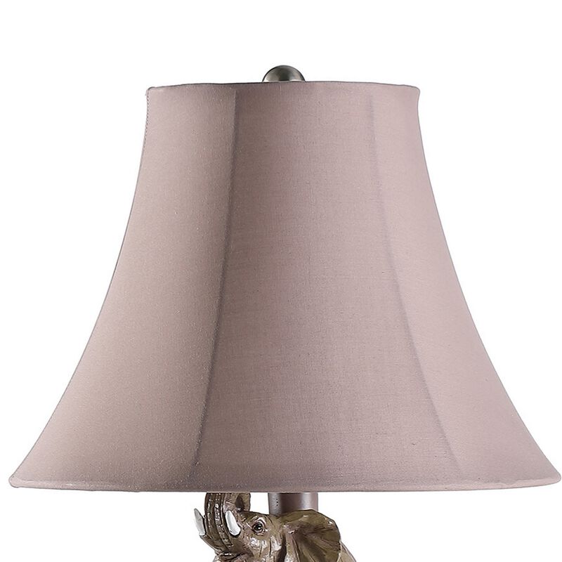 21 Inch Accent Table Lamp, 3 Stacked Elephants, Linen Bell Shade Brown Gray - Benzara