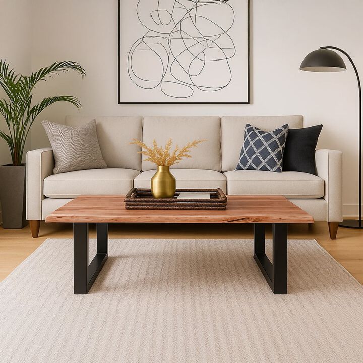 45 Inch Acacia Wood Rectangular Coffee Table, Live Edge Details, Black Powder Coated Metal Sled Base, Natural Brown