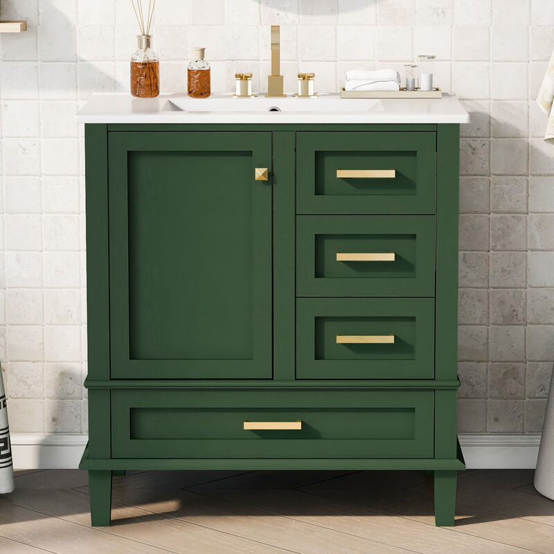 Whisen 30 in. Bathroom Storage Cabinet Bathroom Vanity with Ceramic Sink, Soft Close Door and 3 Drawers