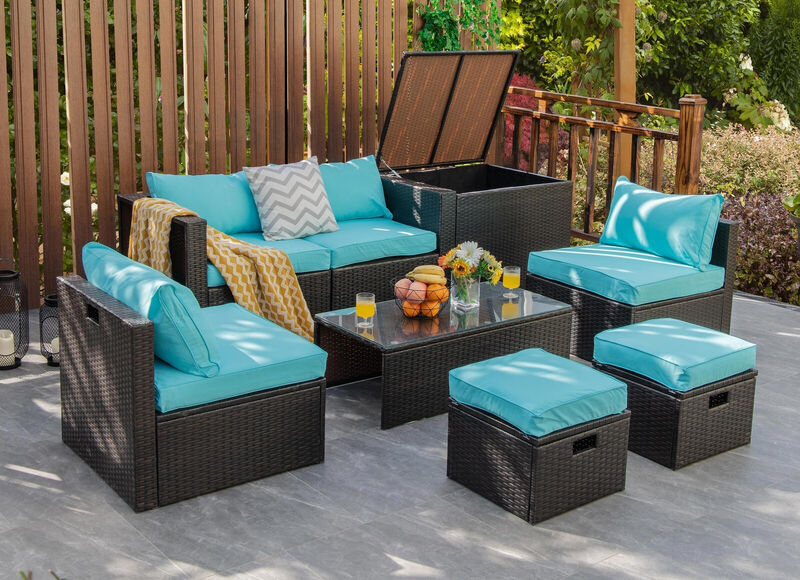 8-Piece Patio Rattan Furniture Set with Storage Box and Waterproof Cover, Outdoor Set