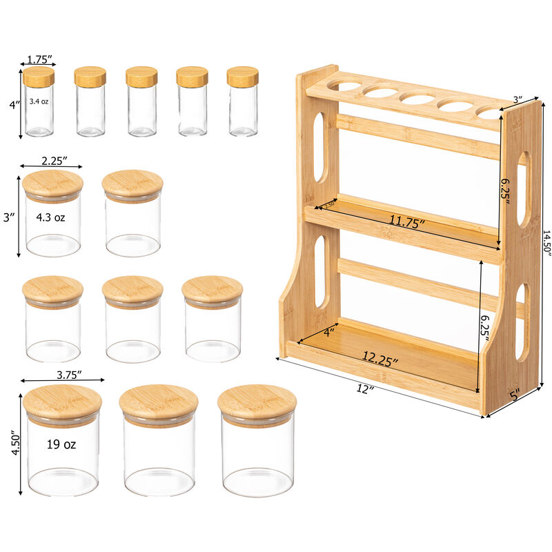 Basicwise Versatile 3-Tier Bamboo Spice Rack and Pantry Organizer with 13 Glass Jars – Perfect for Countertop Storage in Kitchens to Keep  Seasoning Containers Neatly Displayed and Easily Accessible