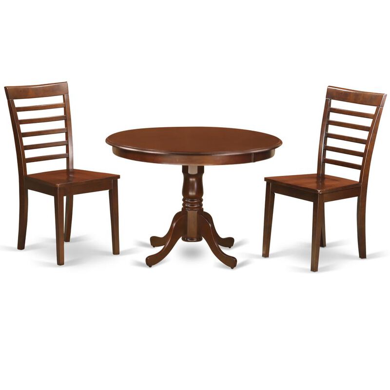 East West Furniture 3  Pc  set  with  a  Round  Table  and  2  Wood  Dinette  Chairs  in  Mahogany