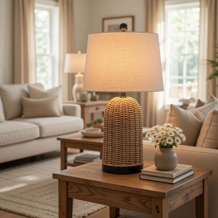 Table Lamp, Brown Drum Shade and Corn Leaf Wicker Woven Base, 24 Inch