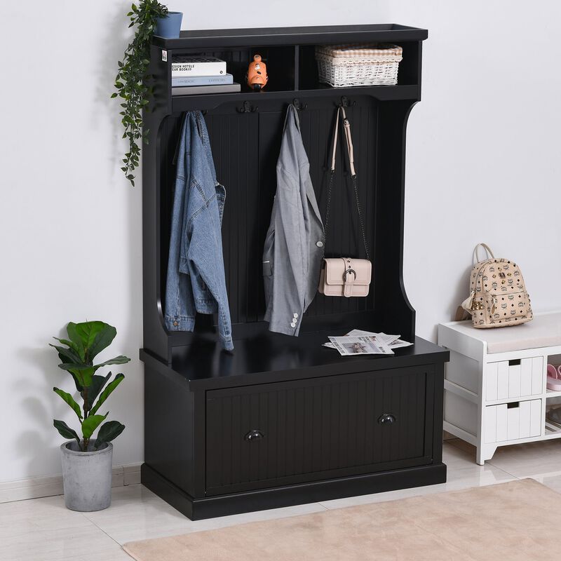 Hall Coat and Shoe Storage Hall Cabinet with Top and Bottom Storage  Metal Double Hooks and Bench  Black image number 2