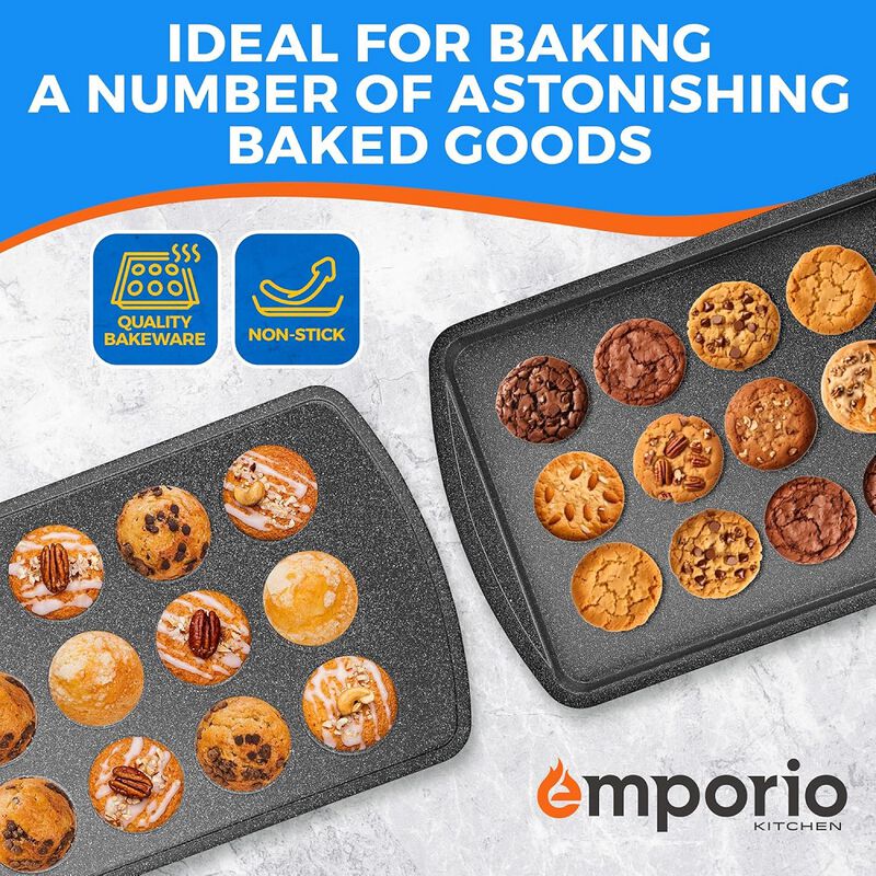 Stackable Baking Pan Set - Deluxe Nonstick White Marble Coating, Carbon Steel Bakeware Sets, PFOA, PFOS, PTFE Free, Recipe Booklet Included, Oven Safe (Up to 450°F), Set of 7