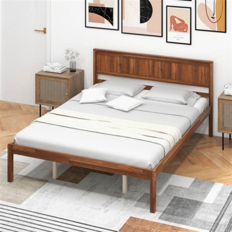Retro Wood Platform Bed Frame with Headboard – Stylish and Durable Bedroom Design