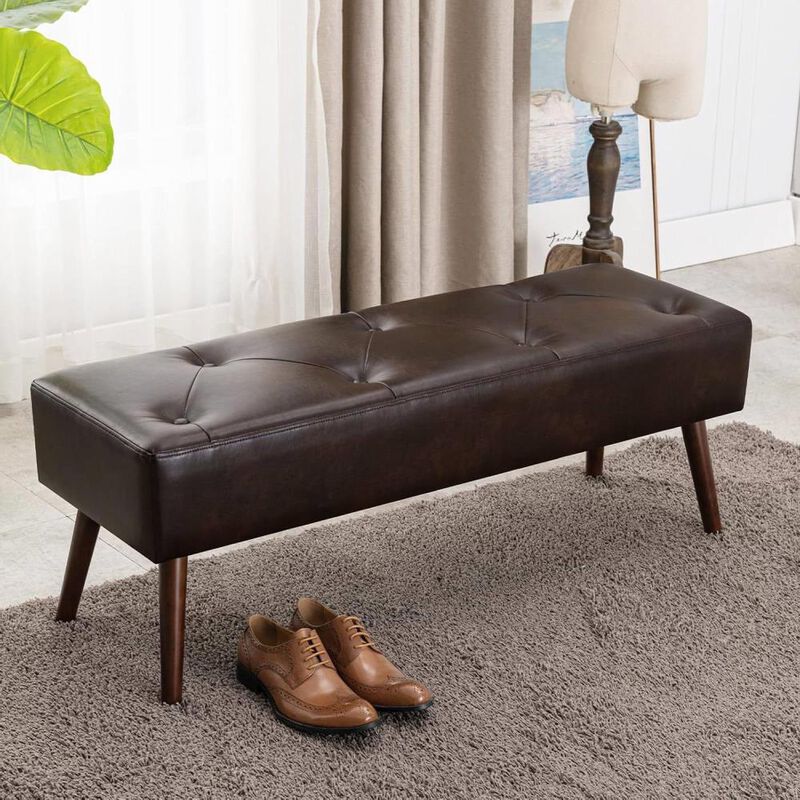 Hivvago Mid-Century Bed Bench with Dark Brown Leather Upholstered Seat Solid Wood Legs